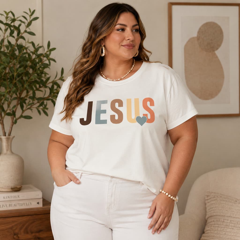 Camiseta Feminina Plus Size Jesus Verão Primavera Camiseta Casual 100% Algodão Camisa Premium Lançamento Minimalista
