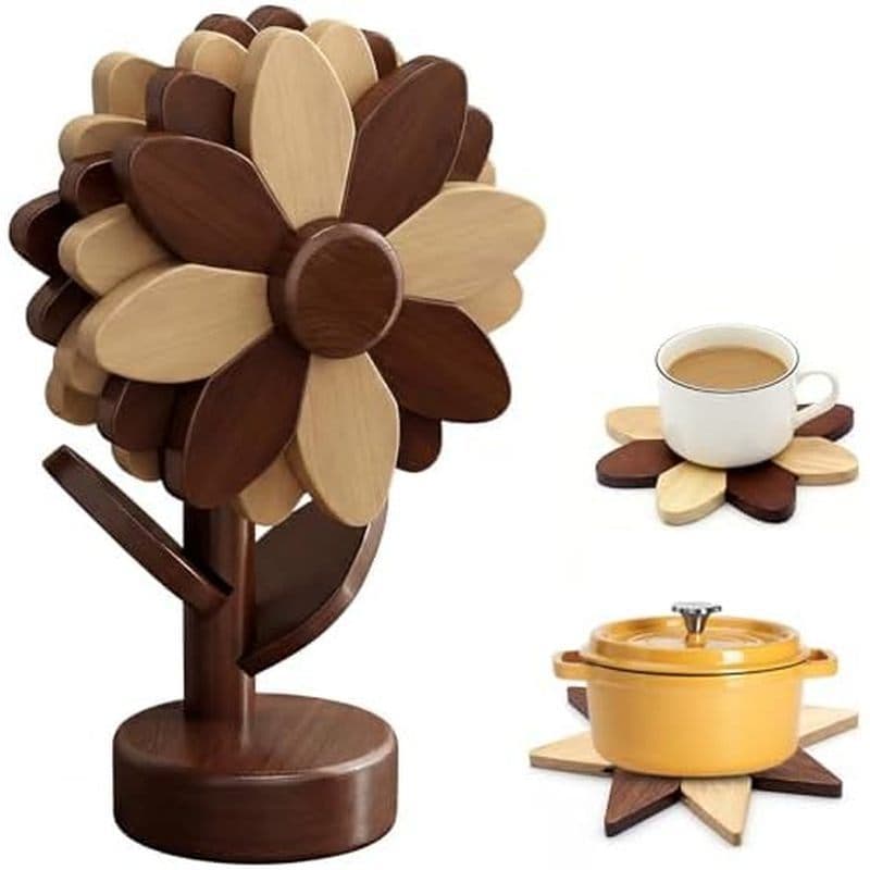 Decoração De Cozinha De Girassol , 5 Trivets De Madeira Para Pratos Quentes Com Suporte De Árvore , Porta-Copos De Flore