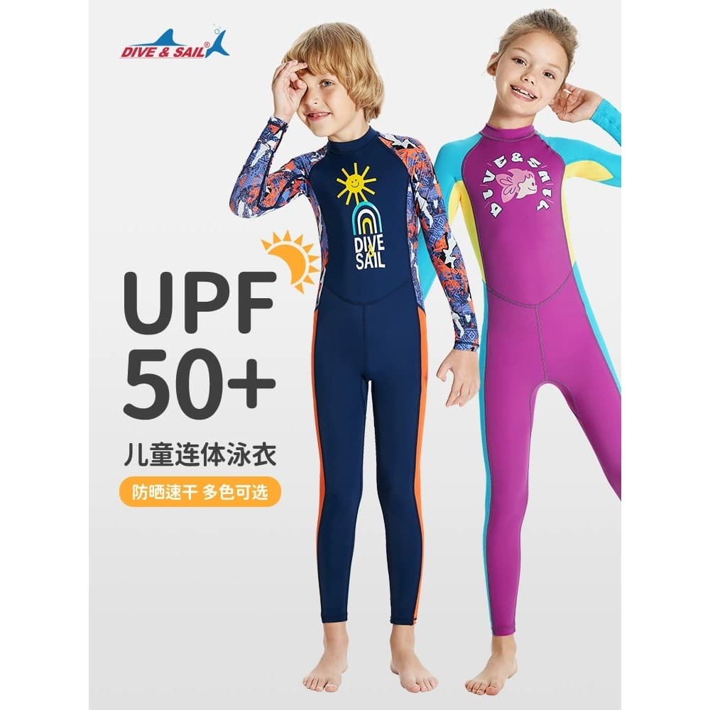 DIVE & SAIL Maiô infantil para meninas, médio e grande, maiô de manga comprida, protetor solar de uma peça, secagem rápi