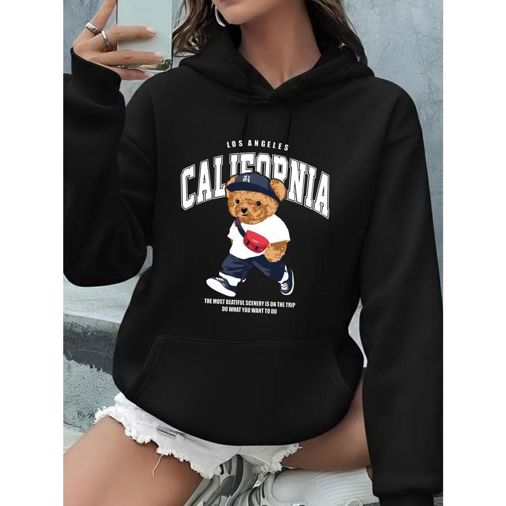 Moletom Feminino Canguru Com Cordão Tendência da Moda Lançamento Urso Califórnia
