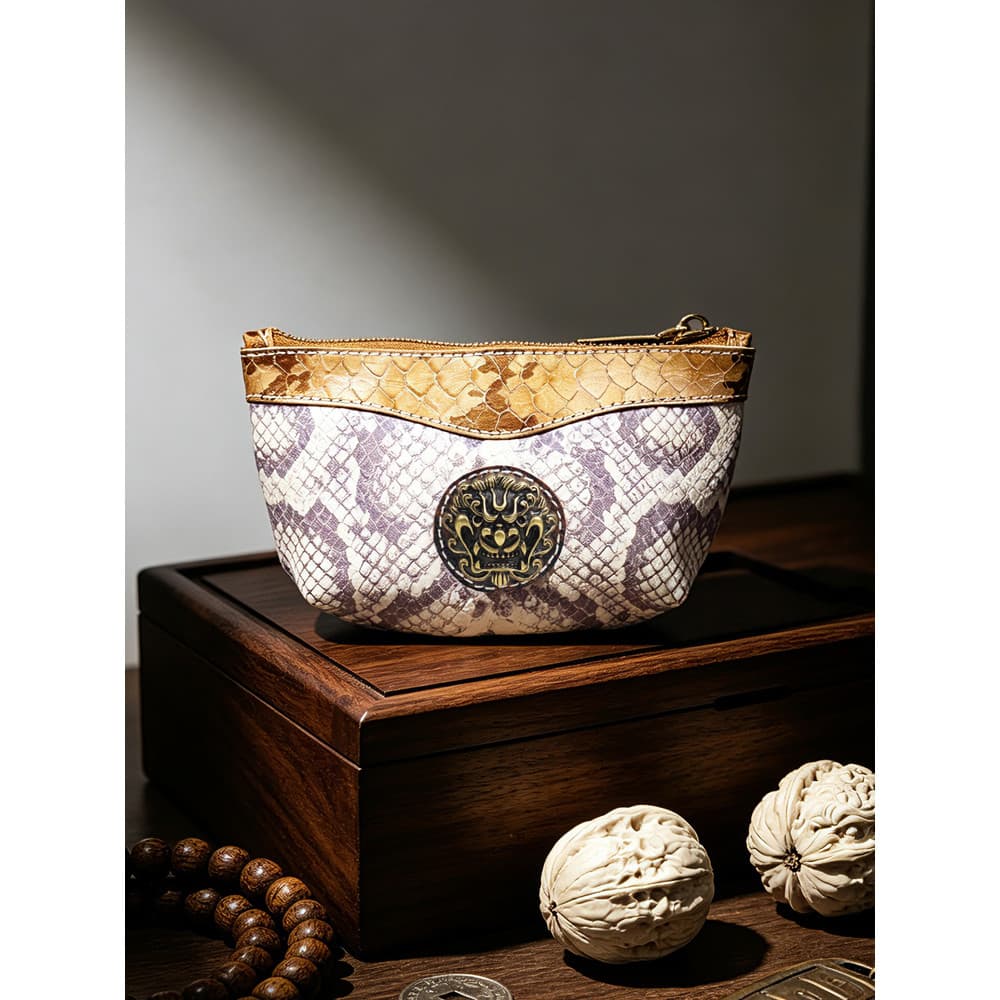 High-End Python padrão primeira camada de couro moeda bolsa das mulheres dos homens artesanal Retro couro jogar saco Min