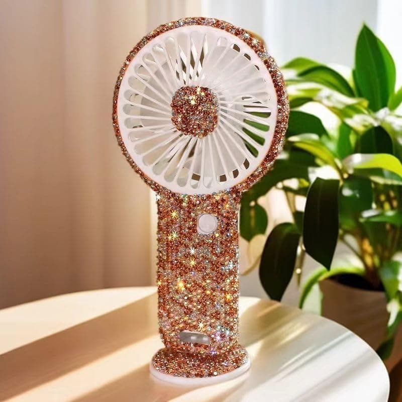 Ventilador Portátil Bling com Suporte – Recarregável por USB com Strass, Controle de Velocidade em 3 Níveis, Ventilador