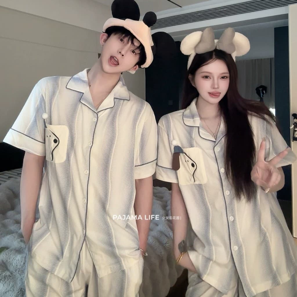 Verão puro algodão dos desenhos animados bonito filhote de cachorro casal pijamas das mulheres dos homens lapela mangas