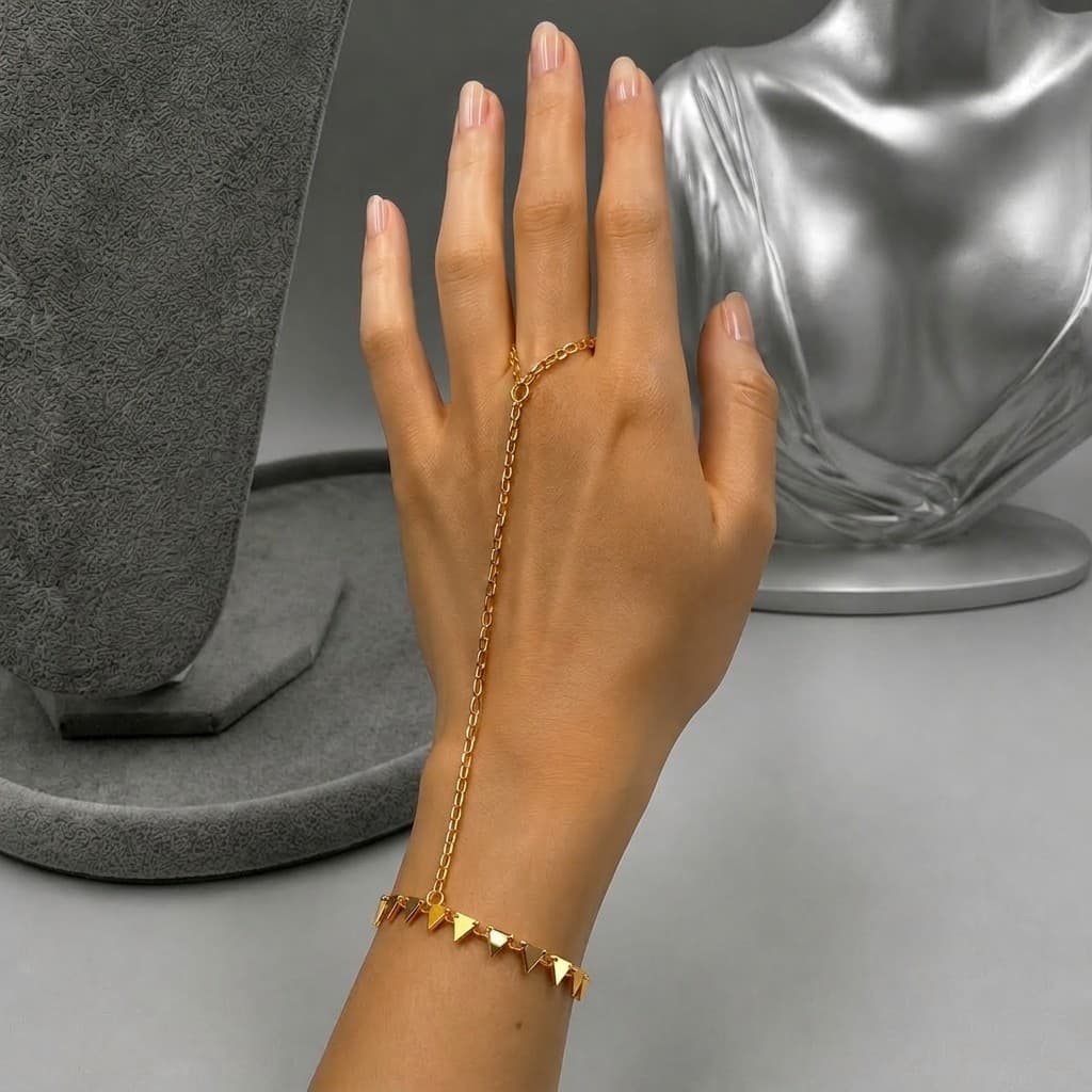 Pulseira Feminina com Anel Integrado Dourada Triângulos Luxo Delicada Ajustável Envio Imediato Chic