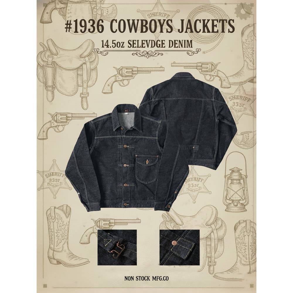 NÃO ESTOQUE 1936s Réplica 101-J 14.5 onças Pré-Reduzido Cor Primária Orelha Vermelha Jaqueta Jeans