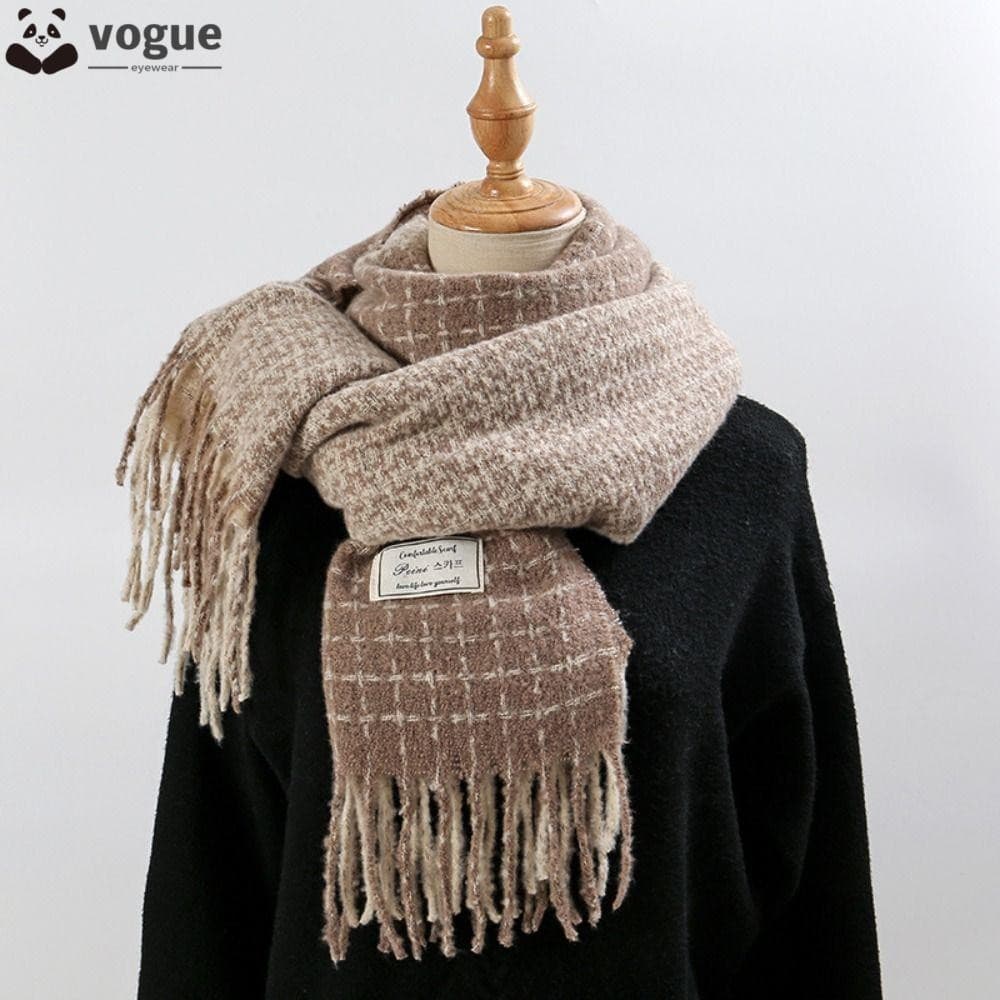 Cachecóis De Borla Longa VOGUEEE , Cachecol Xadrez De Inverno De Malha 200 * 65 Cm De Imitação De Caxemira Espesso E Que