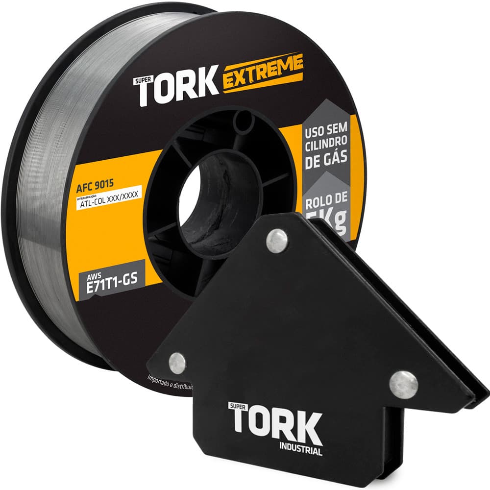 Kit Solda Super Tork arame Flux Core de 5kg 1mm com Esquadro Magnético que Suporta 12kg