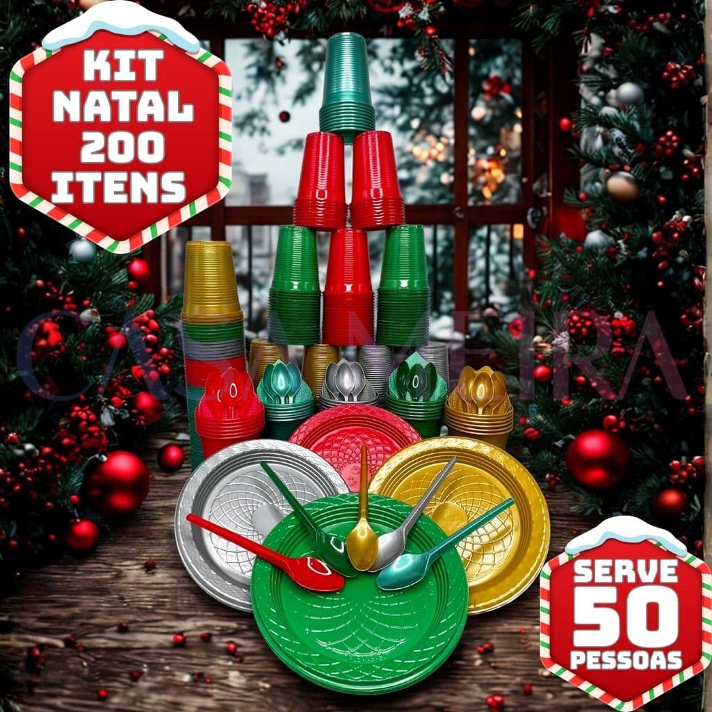 Kit 200 Itens P/ 50 Pessoas Festa Aniversário Completo Natal Descartável Pratinho Copo Colher Guardanapo