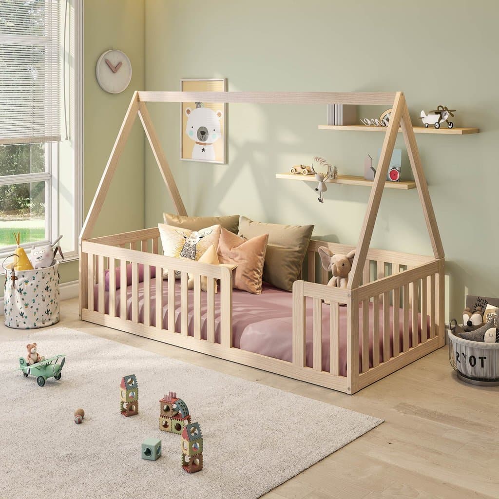 Cama Montessoriana Solteiro com Grade e Telhado Giulia Casatema MadeiraOriginals Marrom/Bege Natural/Bege