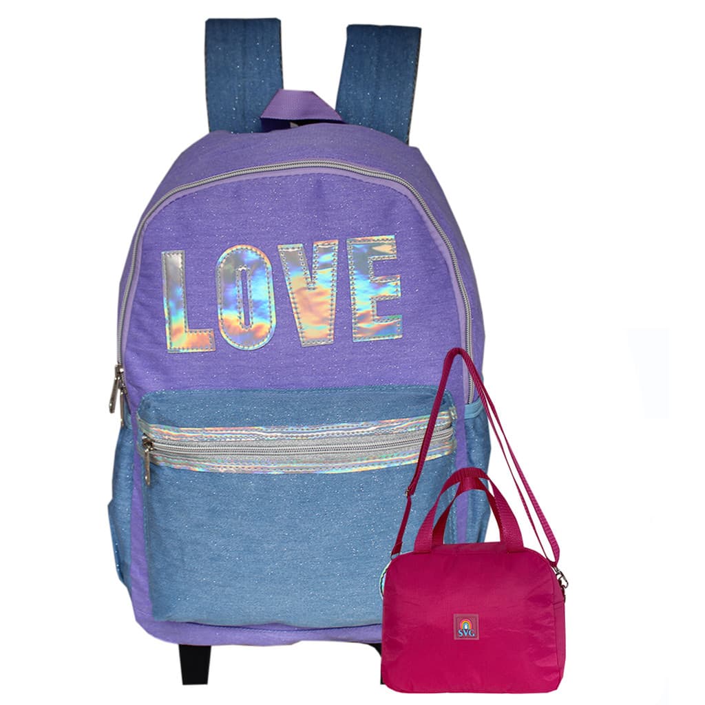 Mochila Escolar Feminina Glitter Love Com Lancheira Térmica Roxa