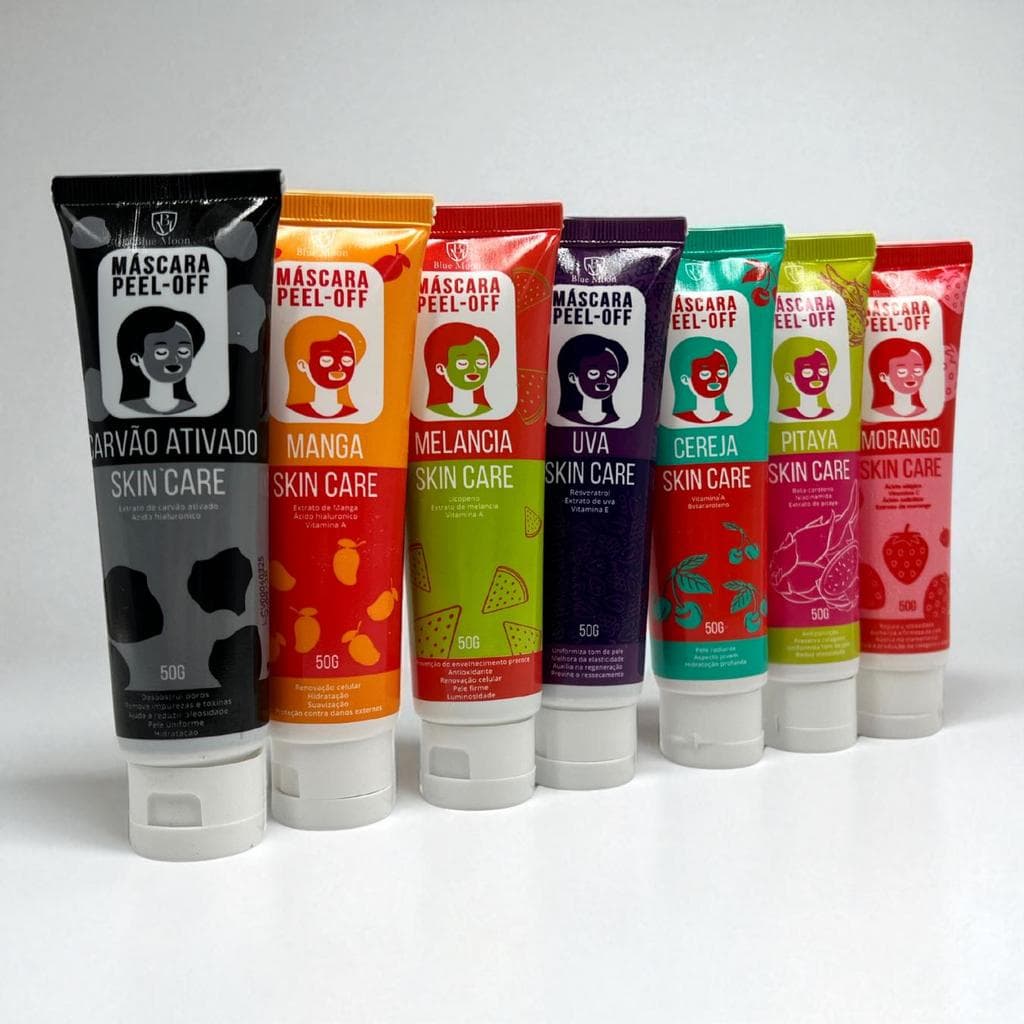 Kit 3 Máscaras Peel Off Frutas Blue Moon - Morango, Carvão, Melancia, Manga, Uva, Cereja e Pitaya