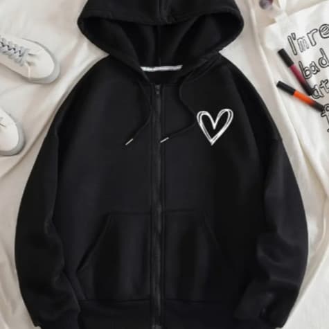 Moletom Feminino com Zíper Coração Minimalista Algodão Forrado Blusa de Frio Inverno