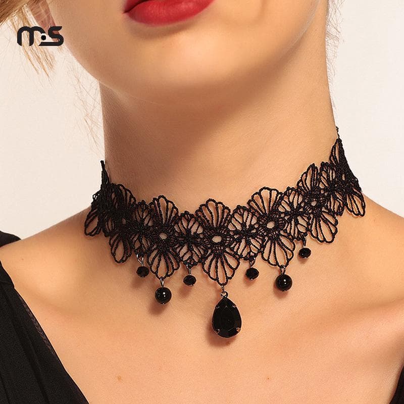 [Macrostars] Gargantilha De Renda Gótica Vintage Para Mulheres Com Pingente De Cristal Nelace Lolita Bead Joias [PH]