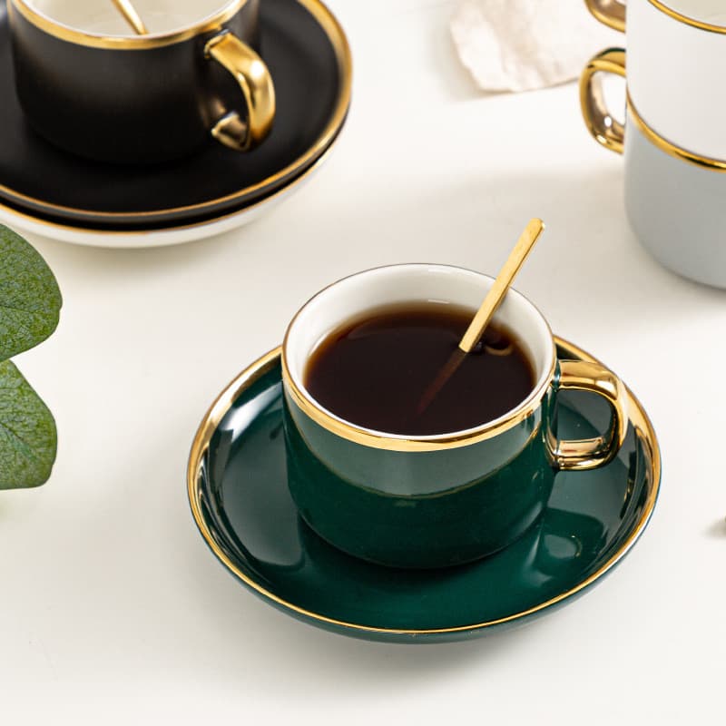 Xícara de Café de Luxo com Pires e Borda Dourada, Caneca de Cerâmica Vintage de Alto Valor, Xícara de Café para Chá da T