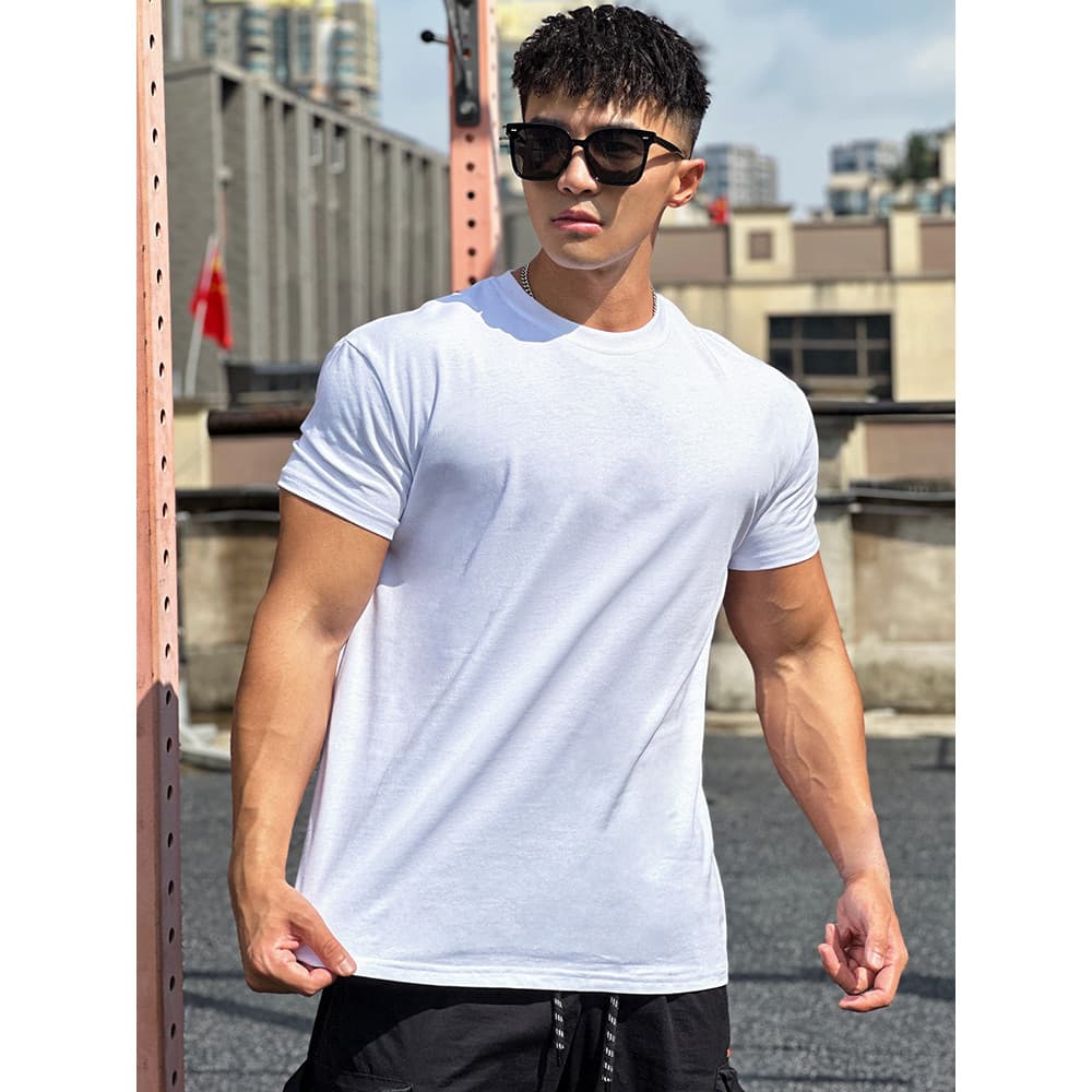 Camiseta esportiva americana masculina Slim fit Base de cor sólida gola redonda corrida treinamento roupas de Fitness re