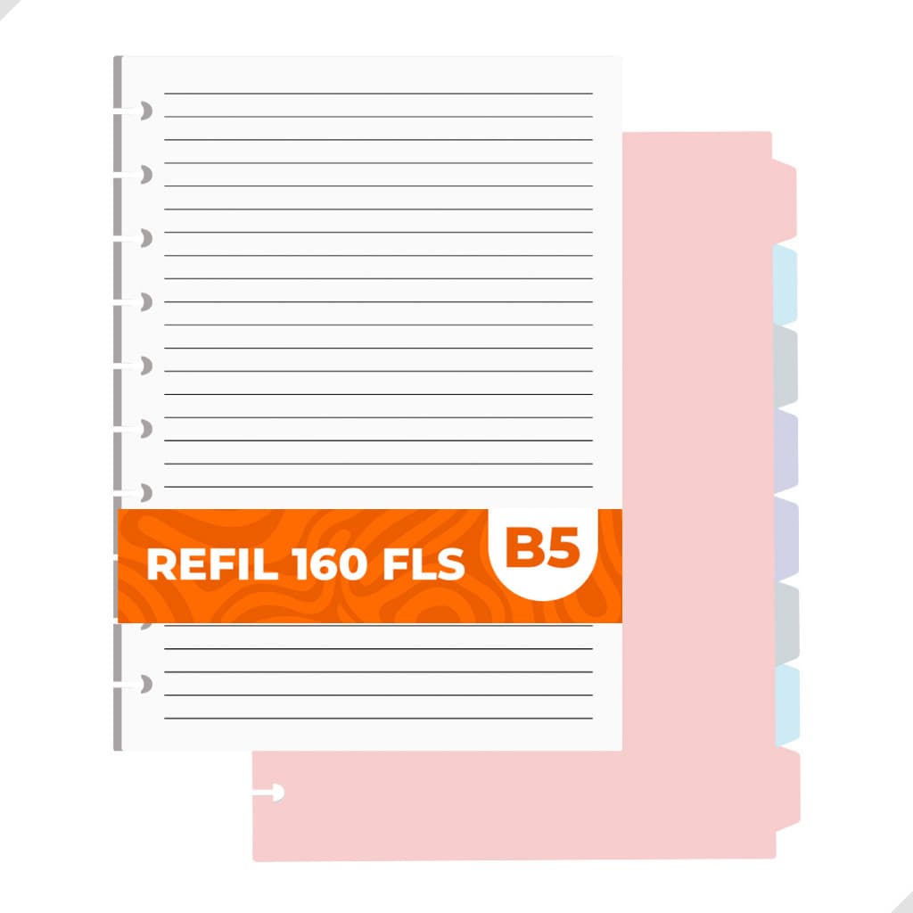 Kit 8 Divisórias B5 Coloridas + Refil 160 Folhas 10 Discos Caderno Inteligente Material Escolar
