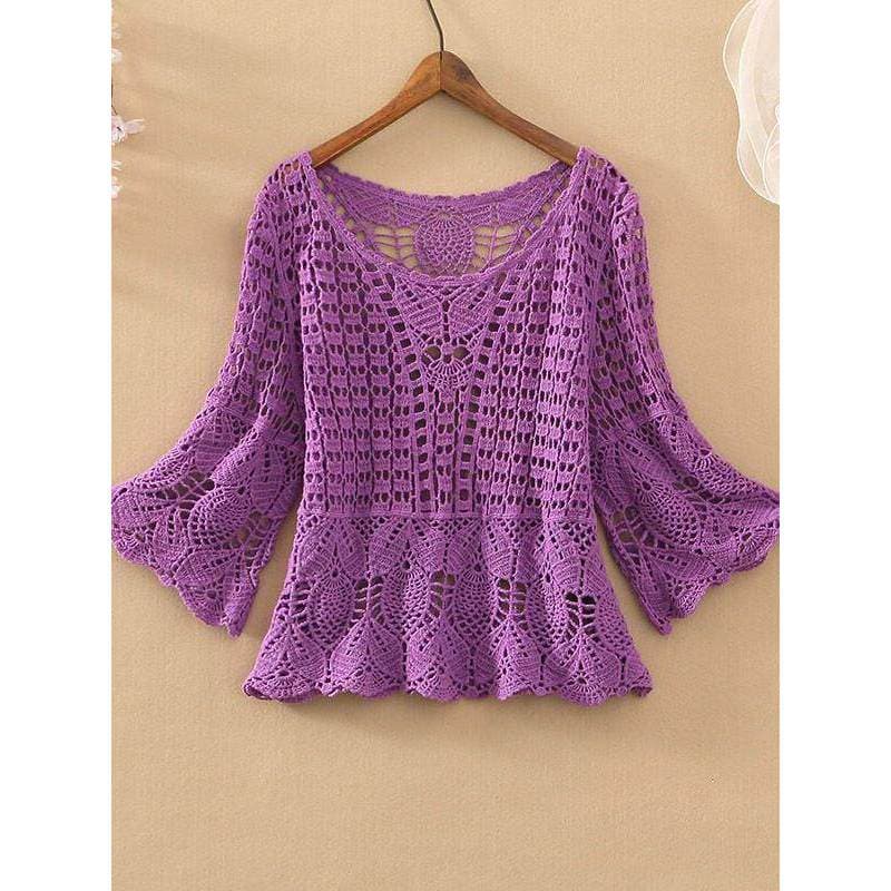 Com saia suspensa blusa exterior jogo feminino verão solto manga trompete de cinco pontos renda curta oco grade crochê p