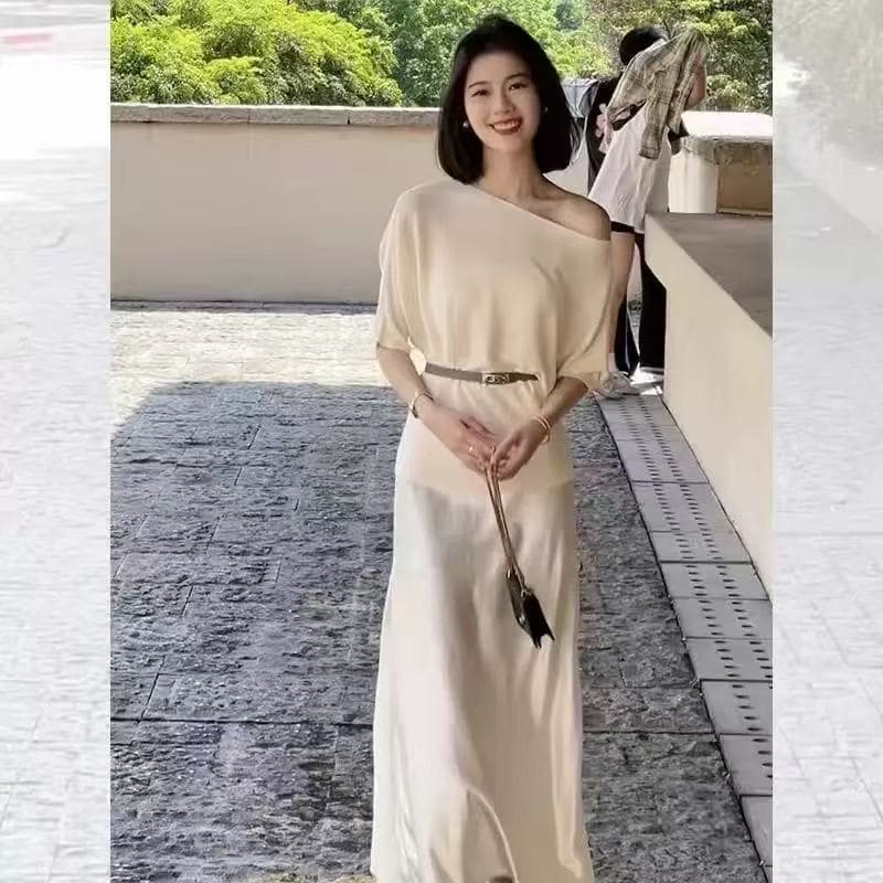 Francês de um ombro solto sentir camisola de manga curta feminino verão novo estilo temperamento bonito metade @-