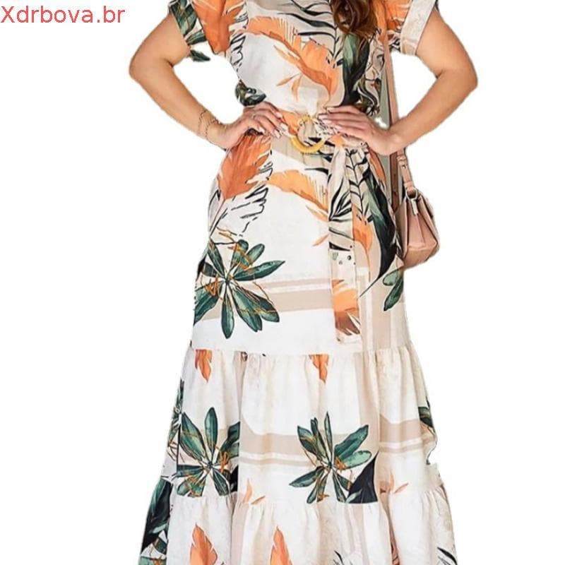2024 Novo Vestido Feminino Com Estampa floral Laranja