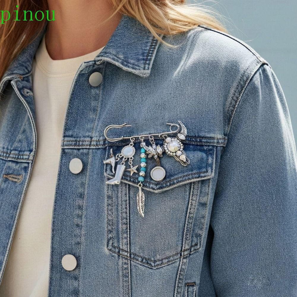 PINOU Broche De Pingente De Bota De Cowboy , Roupas De Liga De Prata , Crachá Vintage Punk Pena Feminino