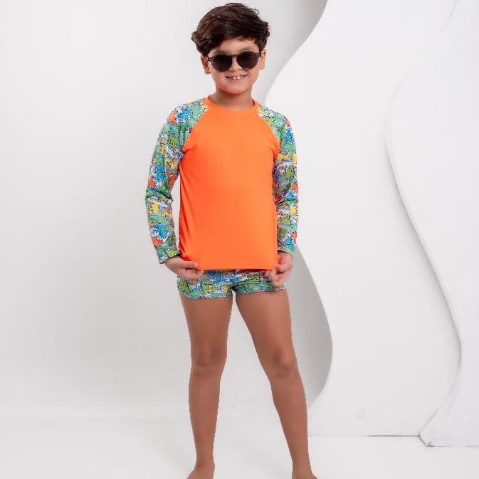 (1 a 7 anos) Sunga com Blusa de Proteção Infantil Estampado Masculino Moda Praia
