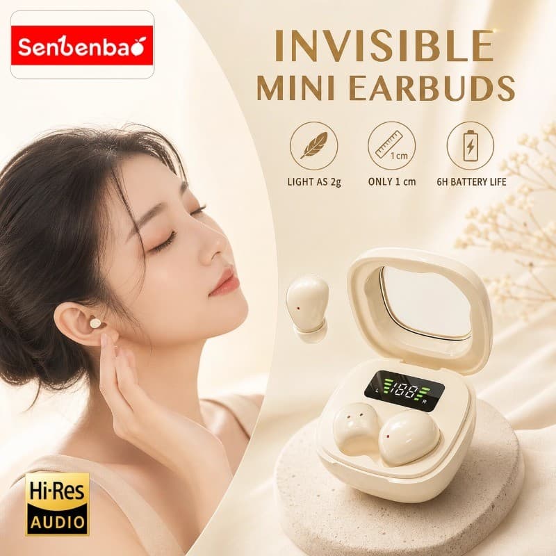 Senbenbao Y19 Fones De Ouvido Bluetooth 6.0 Em Forma De Ervilha Olhar Tira De Luz LED Acabamento Galvanizado Display Dig