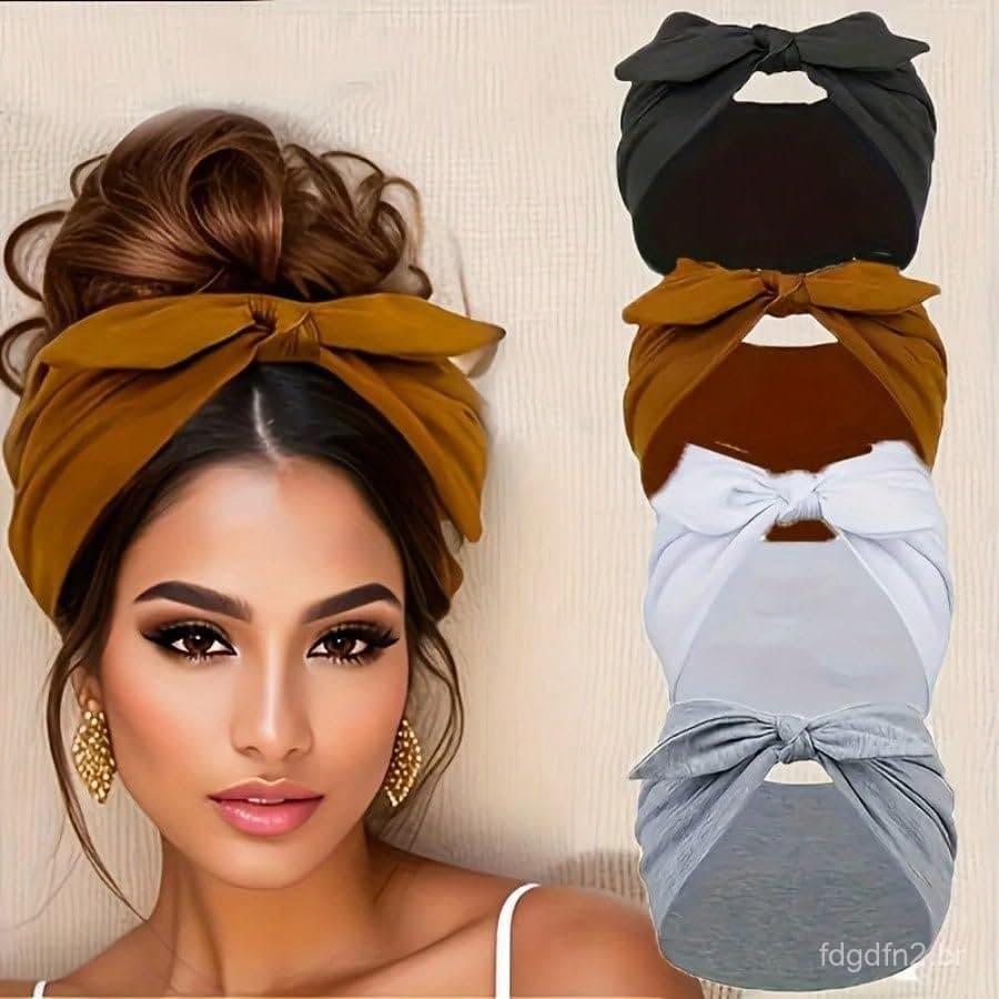 Conjunto de 4 Faixas de Cabelo Boho Largas e Macias de Tecido Elástico com Orelhas de Coelho para Mulheres, Antiderrapan