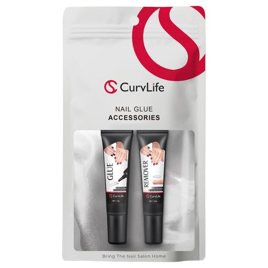 Curvlife Cola em Gel Semi-Sólida de Secagem Rápida 10g com Removedor 10ml e Empurrador de Cutículas para Unhas Postiças