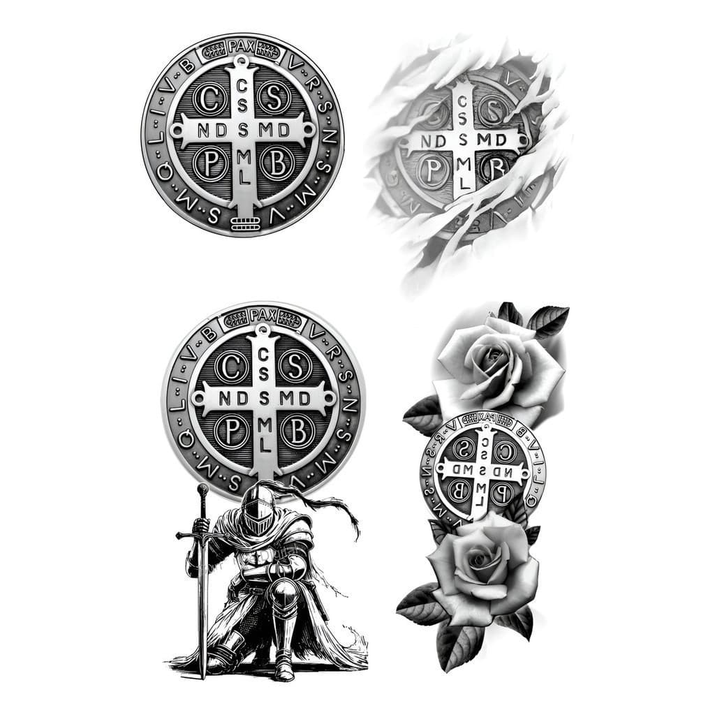 01 Cartela Tatuagem Temporária Medalha São Bento com  4 Tatuagens