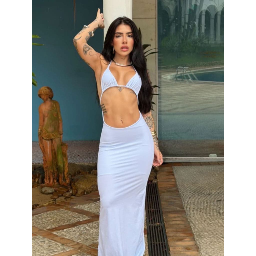 Vestido Praia Longo Feminino Verão Luxo Com Amarração Biquini Branco Liso