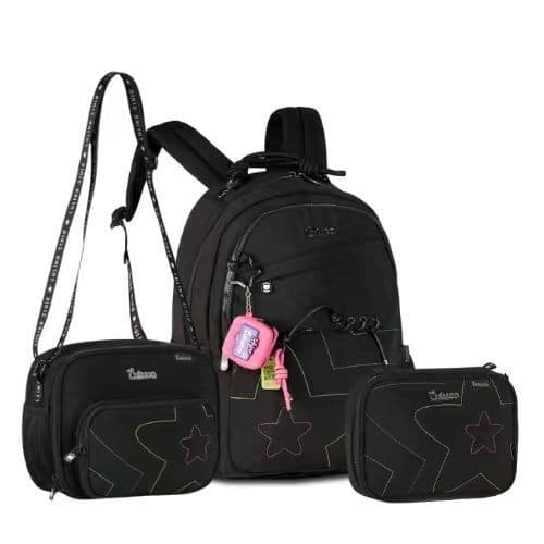 Conjunto Luluca Com Chaveiro Especial - Mochila Costas+ Estojo+Lancheira - Roxo Preto Rosa