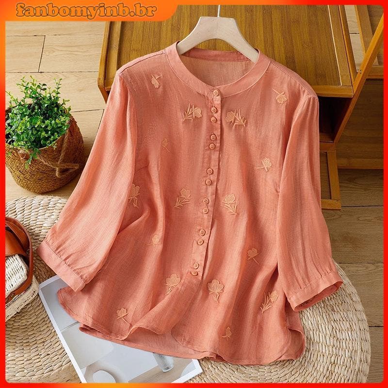 Blusa Feminina De Algodão E Linho Plus Size Verão Retrô Camisas Bordadas