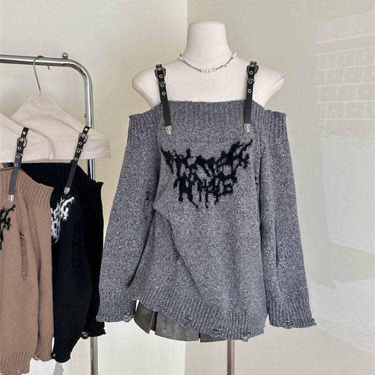 Design sentido cinto de um ombro de manga comprida malhas femininas outono inverno rasgado quente menina Hip-Hop solto m