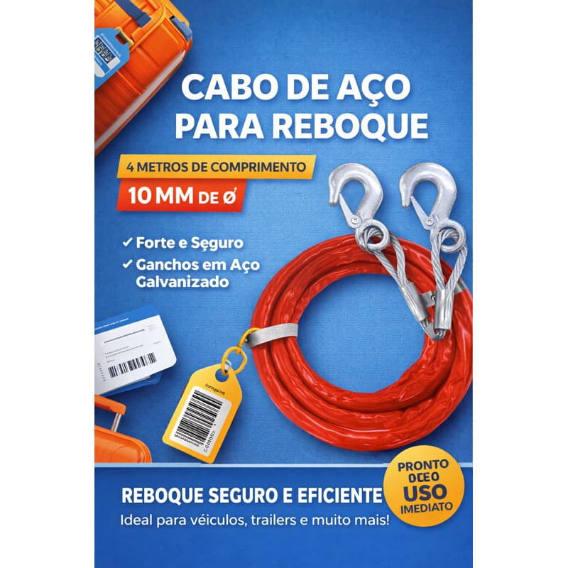 Cabo de Aço para Reboque 4 Metros 10mm com Gancho | Super Resistente e Seguro