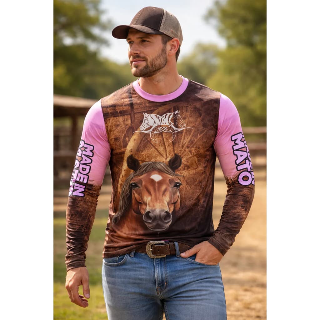 Camiseta Cavalo Dry Fit UV 50 Manga Longa Masculina Feminina Country Rodeio Proteção Solar