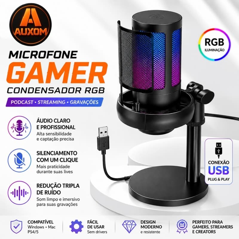 Microfone Gamer Condensador RGB – Áudio Claro, Silenciamento e Conexão USB