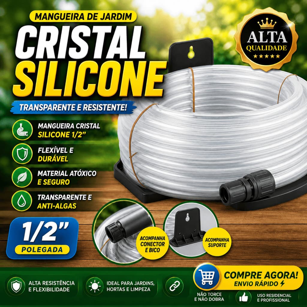 Mangueira Transparente 1/2 100% Silicone Cristal Jardim Alta Resistência com Esguicho com suporte