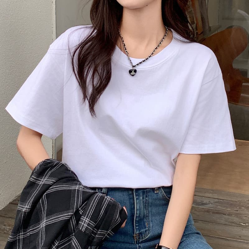 107 verão branco comprimento médio manga curta feminino puro algodão de alta qualidade solto camiseta feminina roupas su