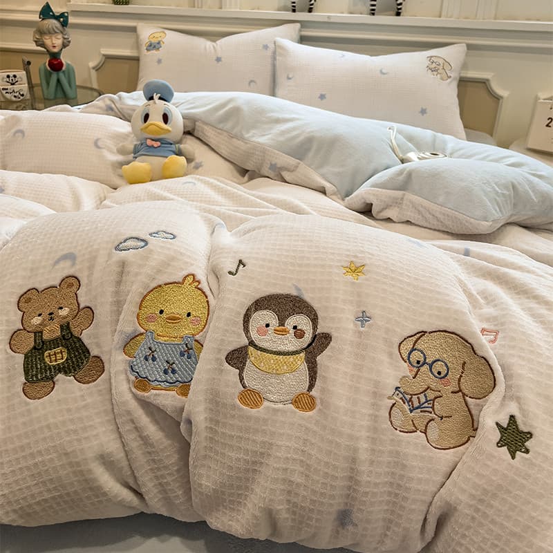 Cama de lã de leite dos desenhos animados conjunto de quatro peças engrossado quente Waffle Coral velo outono inverno co