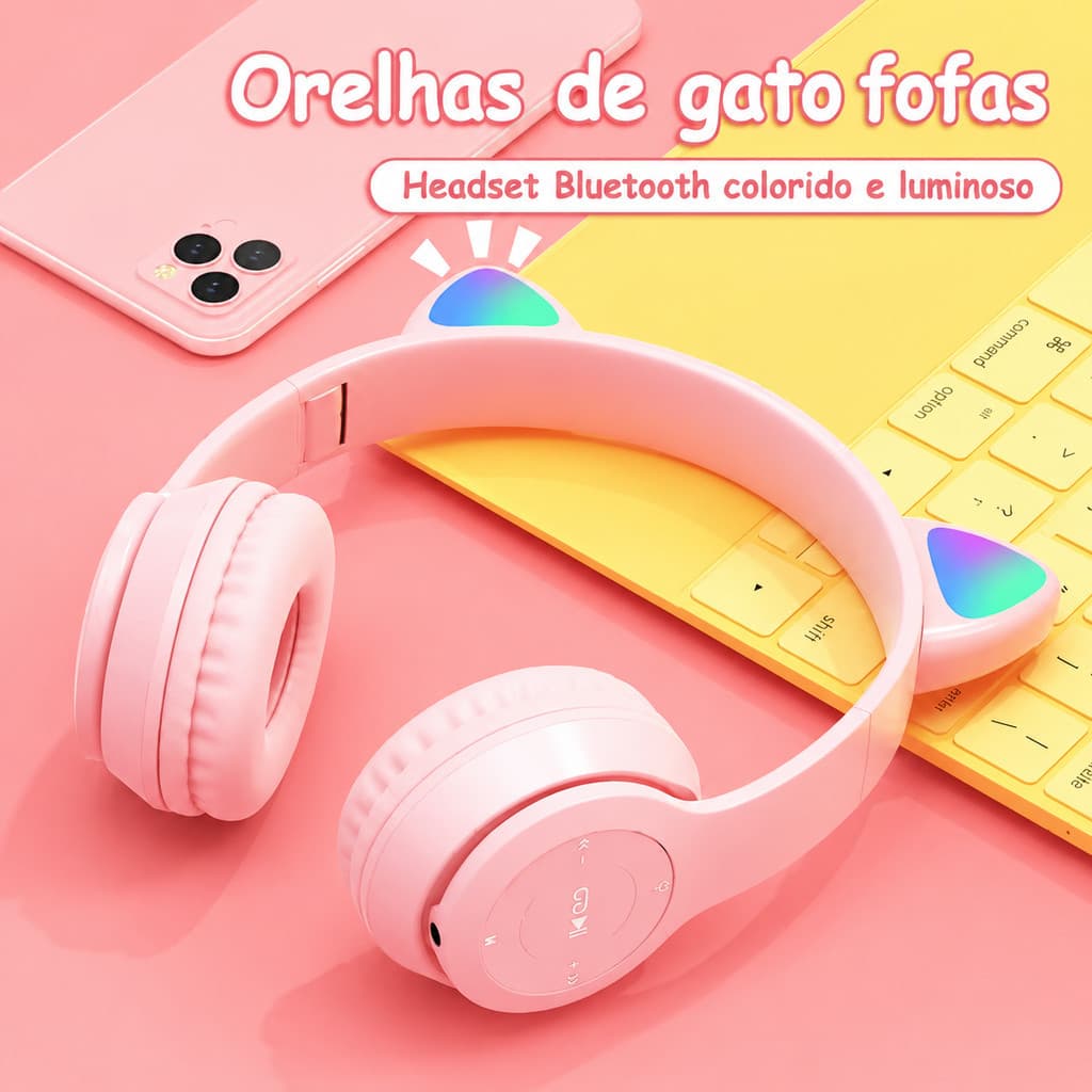 Headphone Bluetooth LED Gatinho Infantil Sem Fio Com Luz RGB Microfone e Entrada Auxiliar