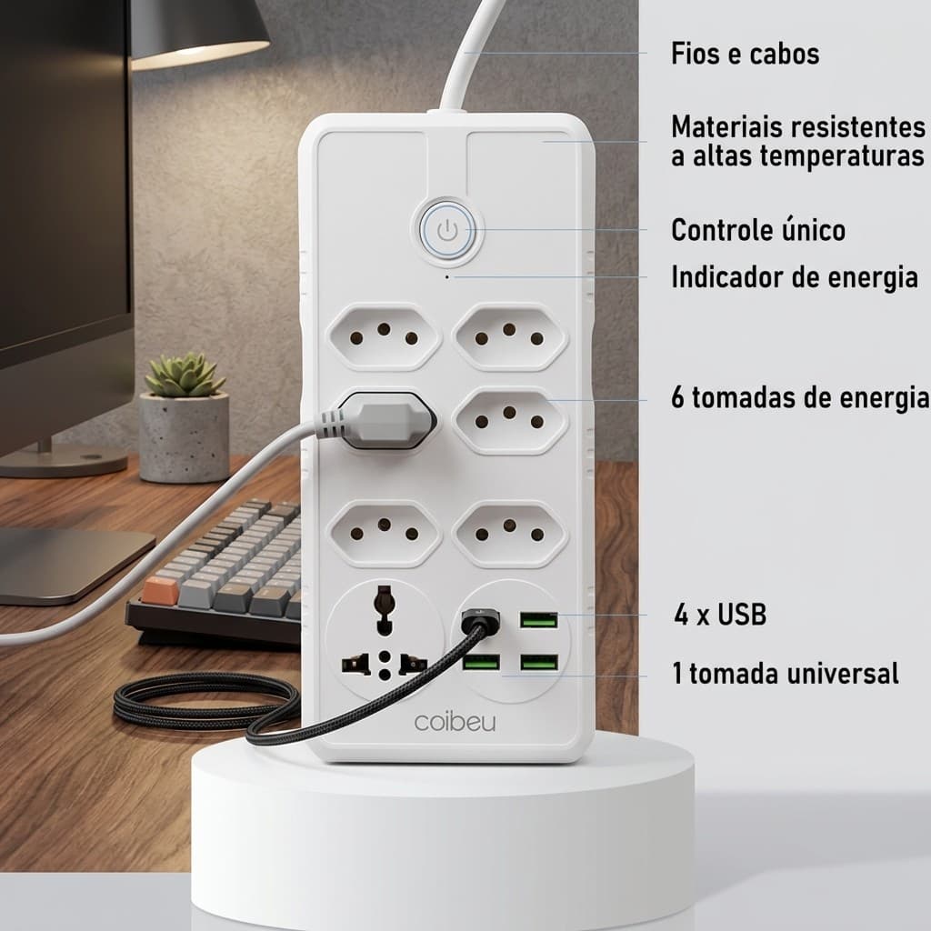 Régua De Tomadas Profissional 6 Saídas + 4 Portas USB Hub Elétrico Para Escritório E PC Bivolt 110v/220v Original