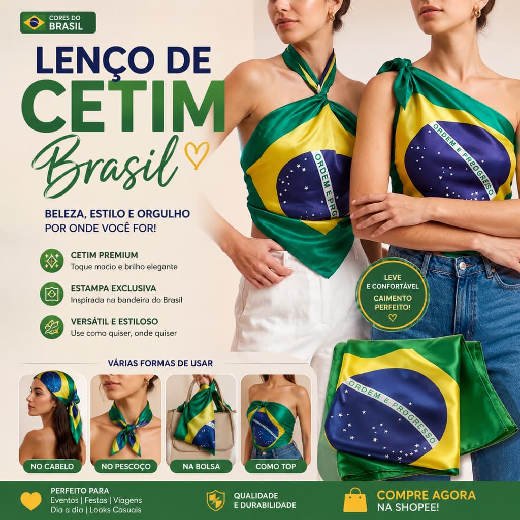 Lenço de Cetim Brasil Feminino – Elegância e Estilo com as Cores do Brasil