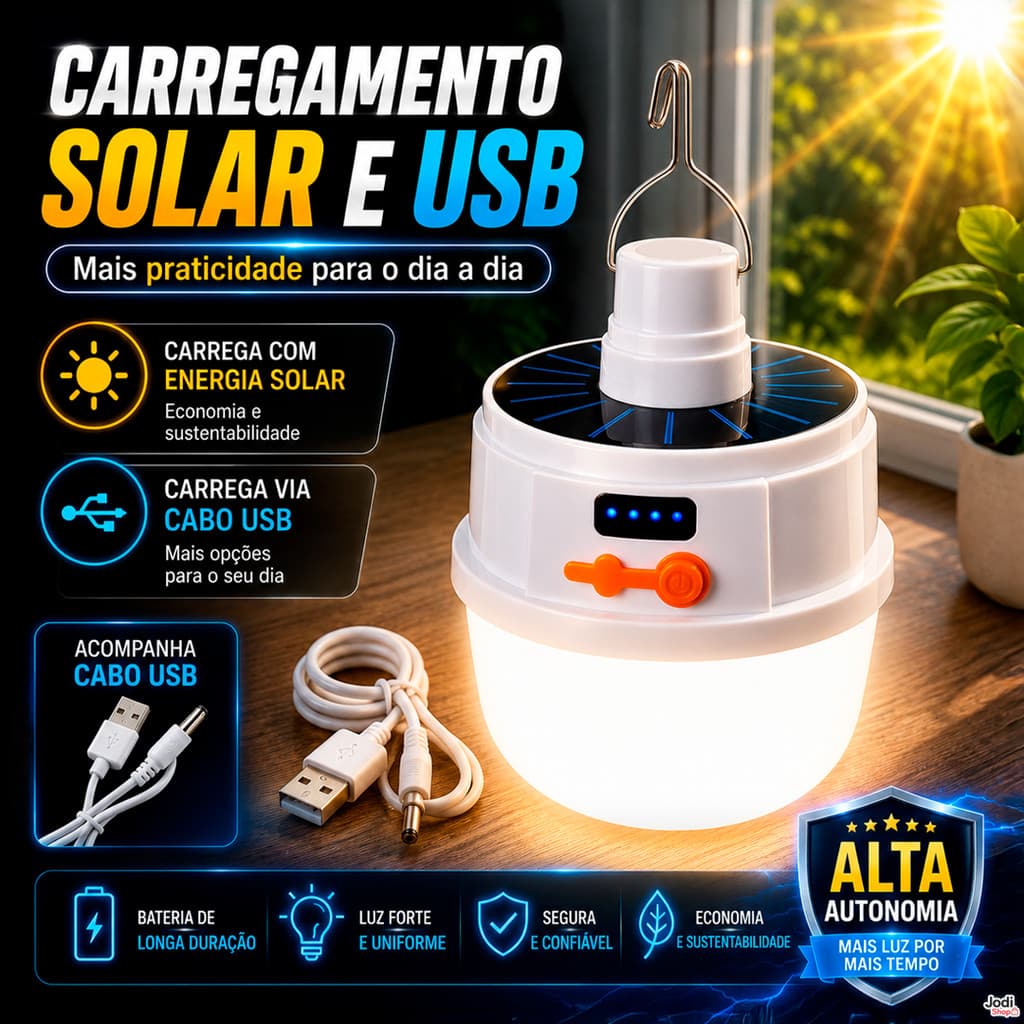 Lâmpada Solar Portátil 15W USB para Camping Falta de Energia e Quintal