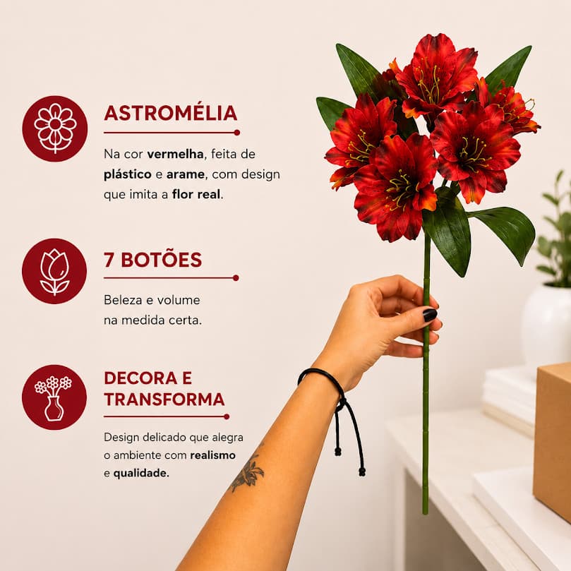 Galho De Astromélia Vermelha C/ 7 Flores Artificial - H8