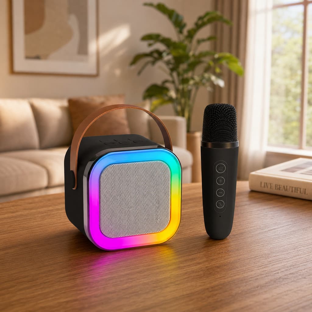 Caixa de Som Bluetooth Portátil RGB com Microfone Sem Fio Karaokê USB TF AUX LED Colorido Mini Speaker Potente