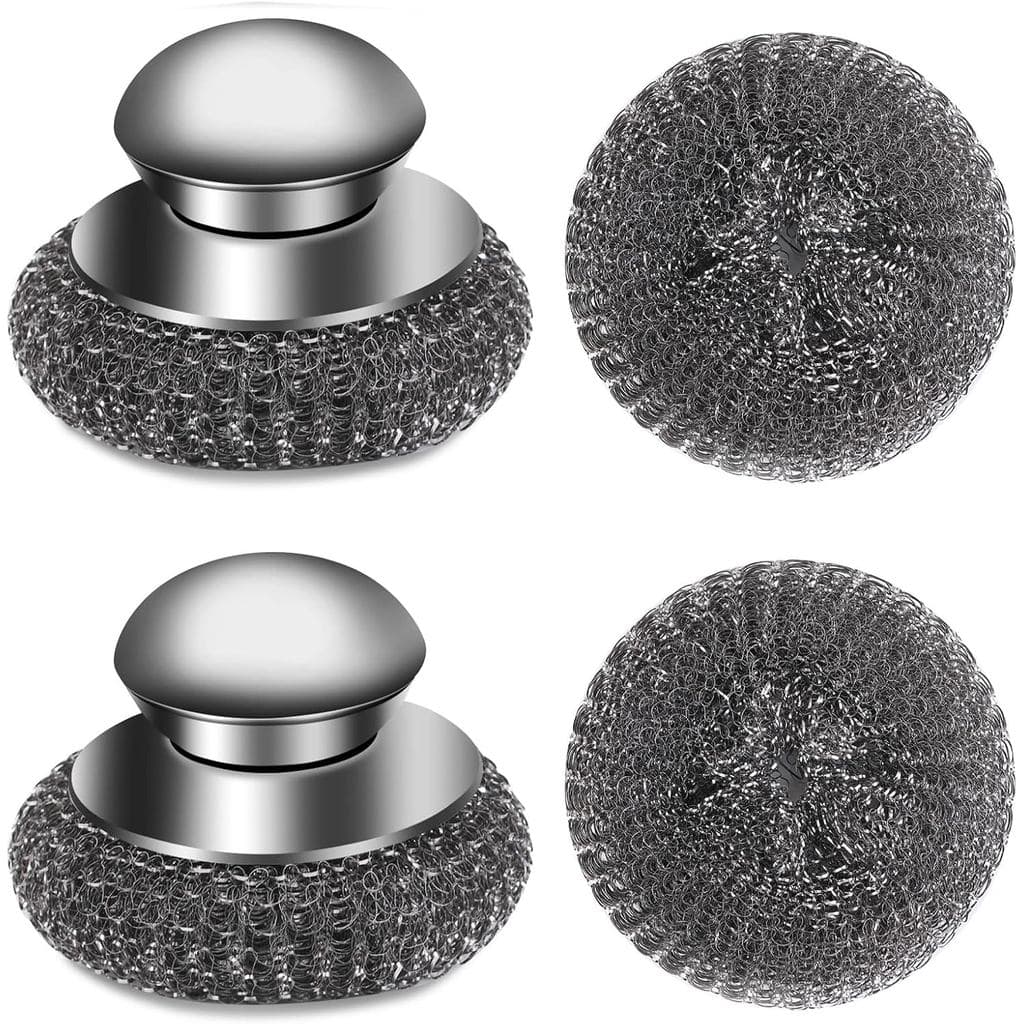 Conjunto de 4 esponjas de aço com almofadas de esponja de arame substituíveis, esponja de aço inoxidável com cabo para r