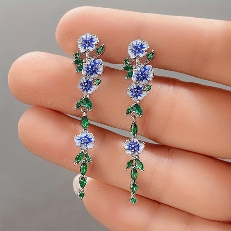 Brincos Pendentes Elegantes e Fofos com Design de Corrente de Flores e Decoração de Gemas Sintéticas de Esmeralda, Joias