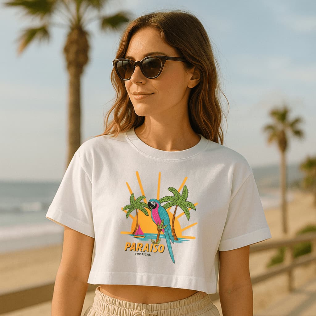 Cropped Oversized Feminino 100% Algodão Estampado Papagaio Paraiso Tropical