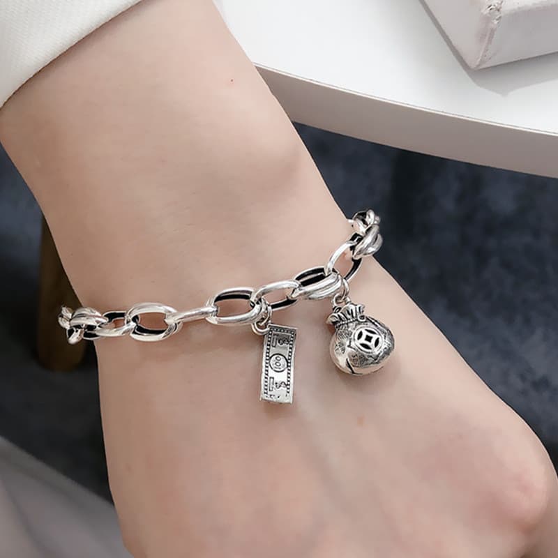 Pulseira Feminina Banhada A Prata 925 , Joias Vintage Com De Bolsa Da Sorte