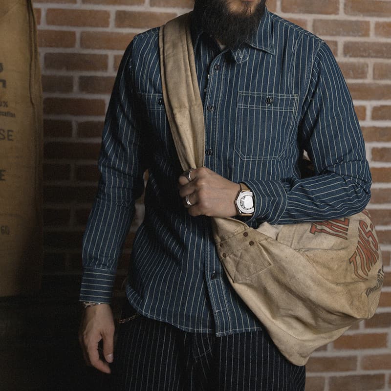 NÃO ESTOQUE Outono Inverno Retro Workwear Camisa Jeans Impressão Listras Verticais WABASH Ami Khaki Camisa Masculina
